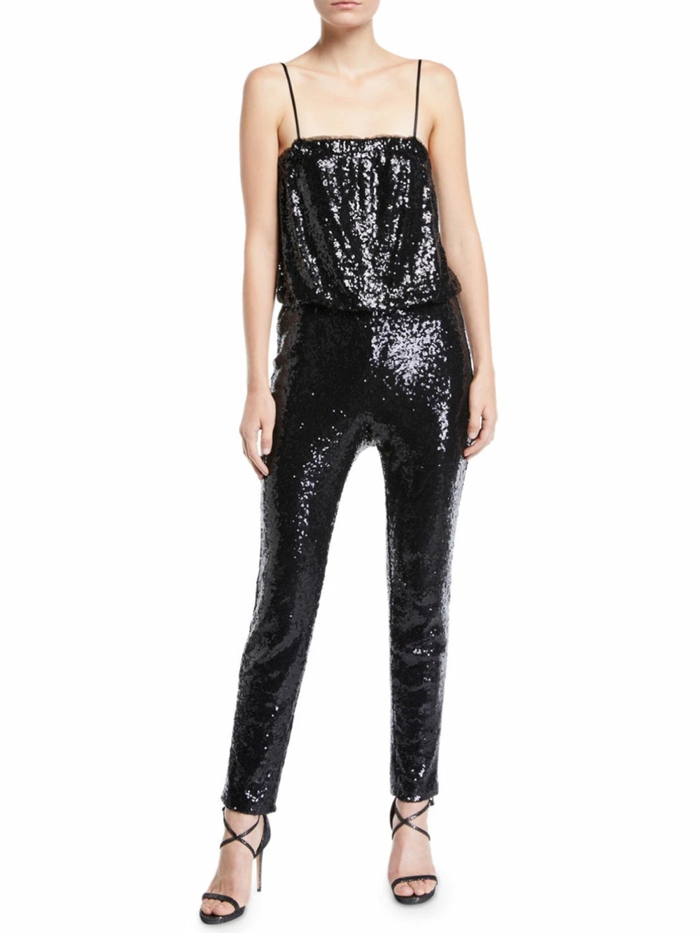 JAY GODFREY  Black Sequin Embellished Blouson Slim Pant Dress Jumpsuit Size 0